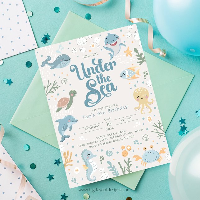 Convites O Oceano Pareceu 6 de Aniversário. Oceano de Crian (Ocean Themed 6th Birthday Invitation. Kids Ocean Party Invite. Editable Template. Boys Under The Sea)