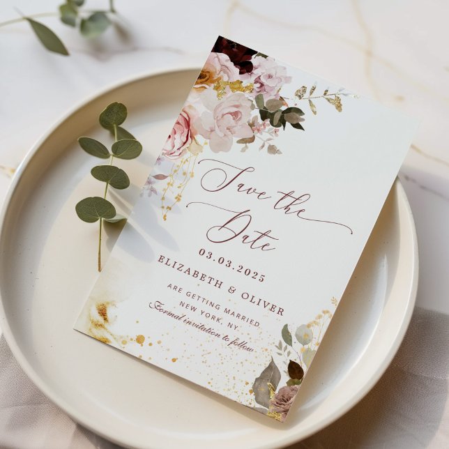 Convites O ouro borgonha fica elegante. Salve a data (Criador carregado)