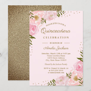 Convites O ouro cora aguarela floral Quinceanera