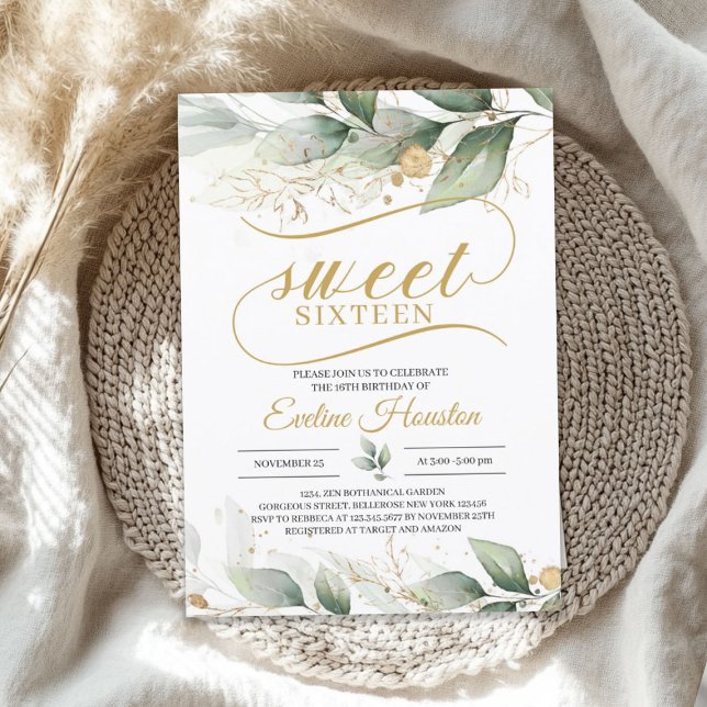 Convites O ouro verde eucalipto deixa o boho doce dezesseis (Greenery eucalyptus gold leaves boho sweet sixteen invitation)