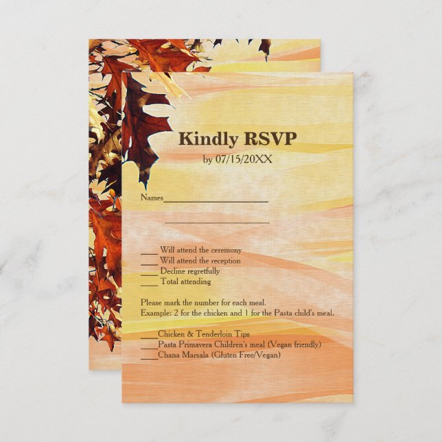 Convites O outono deixa a placa de menu RSVP amarelo laranj (Frente/Verso)