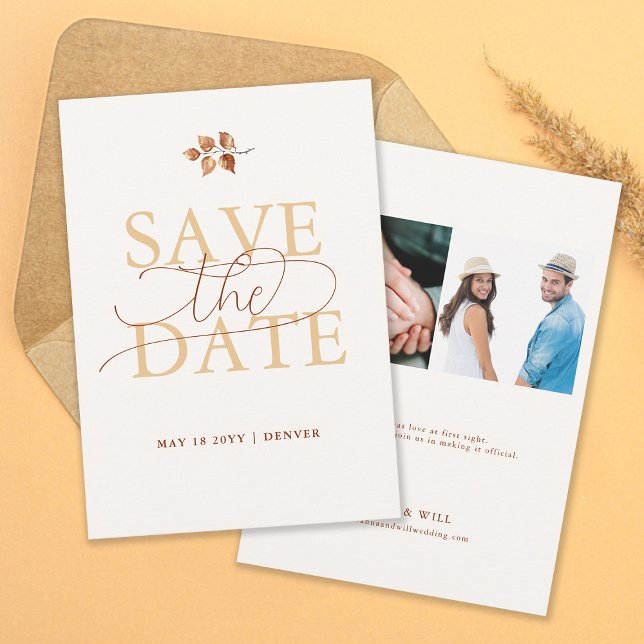 Convites O outono deixa o Casamento outono laranja salvar a (Autumn Leaves Fall Wedding Save the Date Two Photos Elegant Modern Calligraphy Terracotta)
