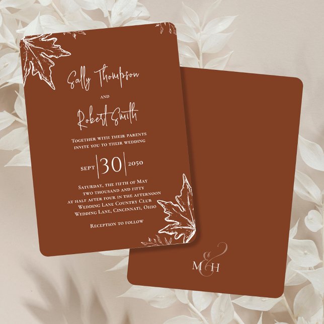 Convites O outono Elegante do casamento outono deixa person (Fall wedding invitation with elegant burgundy background.)