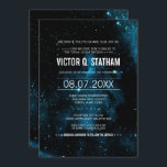 Convites O partido azul de Mitzvah do bar da galáxia<br><div class="desc">Sua história é escrita entre as estrelas… uma galáxia que o partido temático do mitzvah do bar convida que é certo travar todos olho! Os detalhes do texto são customizáveis e estão sobre um fundo do espaço em preto,  em azul,  e o branco.</div>