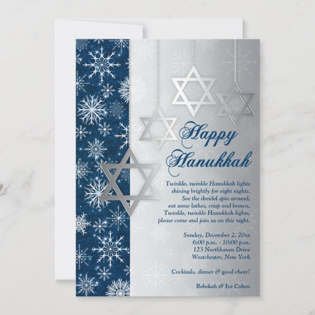 Convites O partido branco de prata azul de Hanukkah dos (Frente)