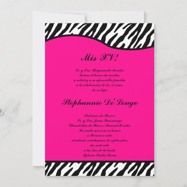 Convites o partido de Quinceanera da zebra do rosa 5x7 (Frente)