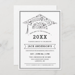 Convites O partido preto & branco do boné de formatura