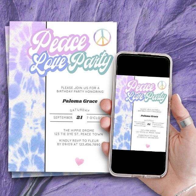 Convites O Pastel Tie Dye Do Partido Peace Love Qualquer An (Peace Love Party Birthday Invitation for anyone of any age with vintage retro tie dye style)