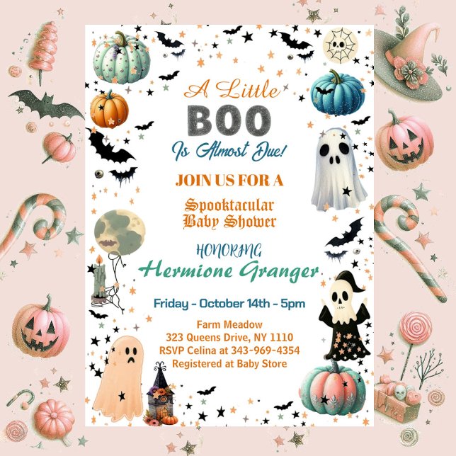 Convites O Pequeno Boo é devido ao Chá de fraldas fantasma  (Little BOO Is Due Ghost Pumpkin Spooky Baby Shower Invitation)