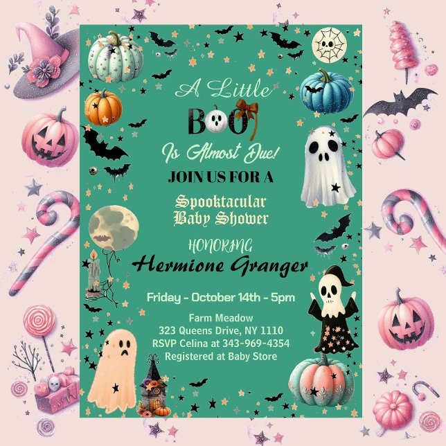 Convites O Pequeno Boo é devido ao Chá de fraldas fantasma  (Little BOO Is Due Ghost Pumpkin Spooky Baby Shower Invitation)