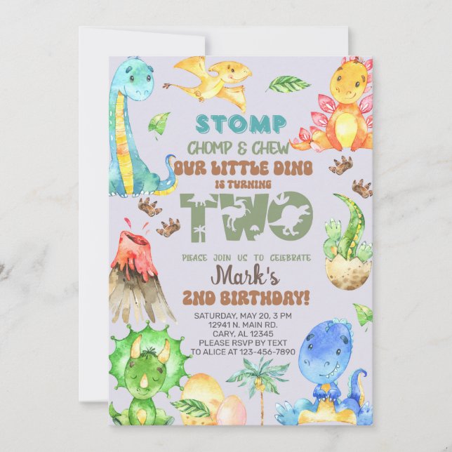Convites O pequeno dino está fazendo dois segundos aniversá (Frente)