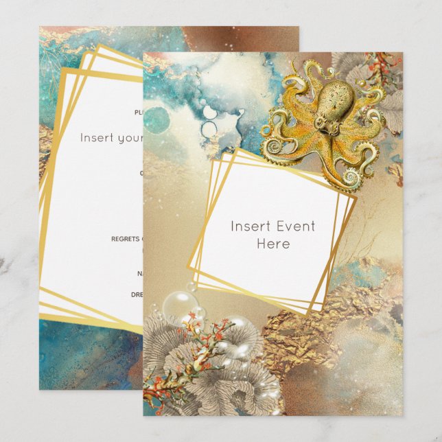 Convites O polvo recife de coral aquarela marinho náutico (Frente/Verso)