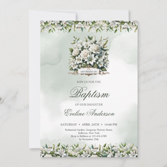 Convites O precioso do dom verde e do batismo dourado de De (Frente)