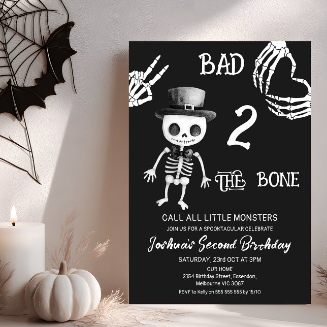 Convites O Preto Halloween Mau Dois segundos aniversários O (Bad Two the Bone Birthday Invitation Template, Black White bad To The Bone 2nd Birthday Invitation)