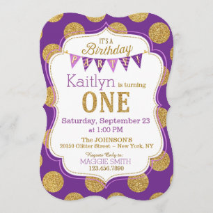 Convites O primeiro aniversário da faísca Dourado roxa do