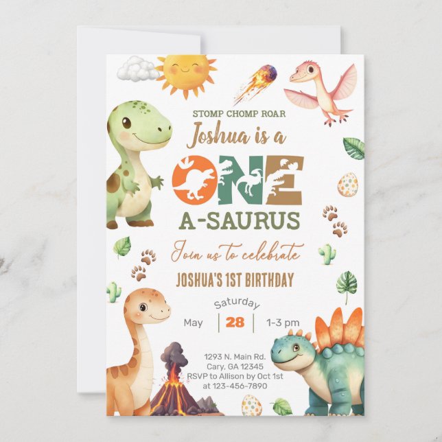 Convites O primeiro aniversario Dinossauros One-A-Saurus co (Frente)