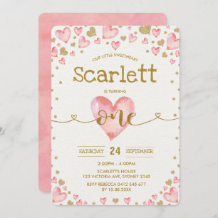 Convites O primeiro aniversario Dourado cor-de-rosa do