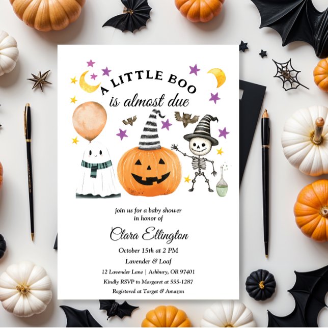Convites O primeiro Chá de fraldas de Halloween de Pumpkin (baby shower invitation, halloween, watercolor, pumpkin, orange, little boo is almost due)