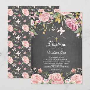 Convites O quadro cora baptismo floral cor-de-rosa