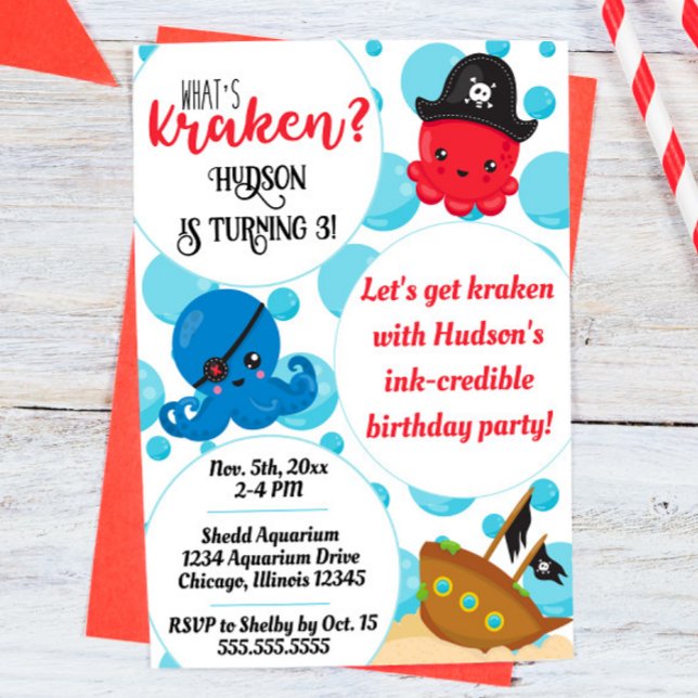 Convites "O que é Kraken" Octopus Pirata Crianças ("what's kraken" octopus pirate themed birthday party invitation)
