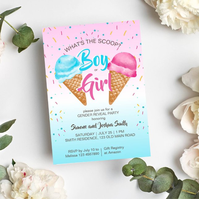 Convites O que é que o gênero do sorvete furtivo revela? (What's the scoop ice cream gender reveal party invitation instant download pink and blue ice cream)