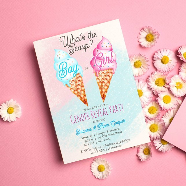 Convites O que é que o gênero do sorvete furtivo revela? (What's the scoop gender reveal party invitation ice cream summer gender reveal boy or girl  )