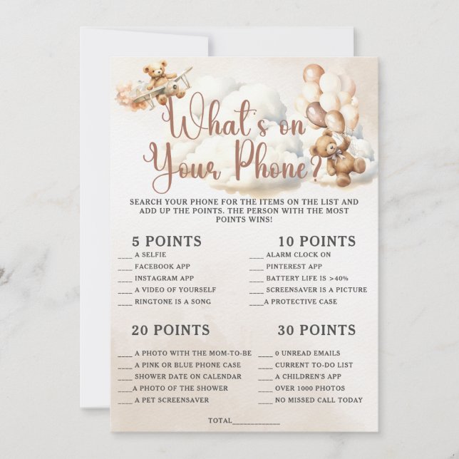 Convites O QUE HÁ EM SEU Chá de fraldas TELEFÔNICO Jogo Urs (Frente)