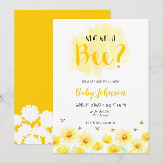 Convites O que será? Gênero revela o tema Abelhas amarelo (Frente/Verso)