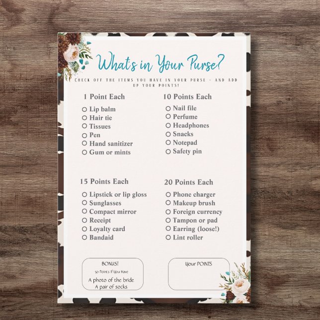 Convites O que tem na sua Bolsa? Jogo boho para Chá de Noiv (What’s in Your Purse? Bridal Shower boho Game)