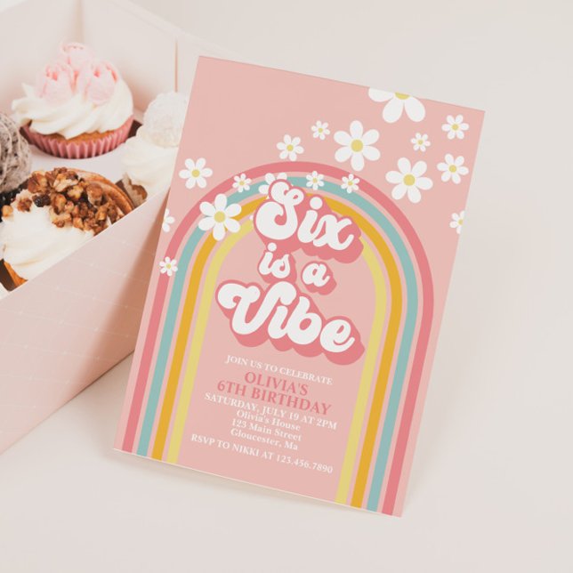 Convites O Rainbow Retro SIX é um 6 Vibe Groovy Aniversário (Criador carregado)