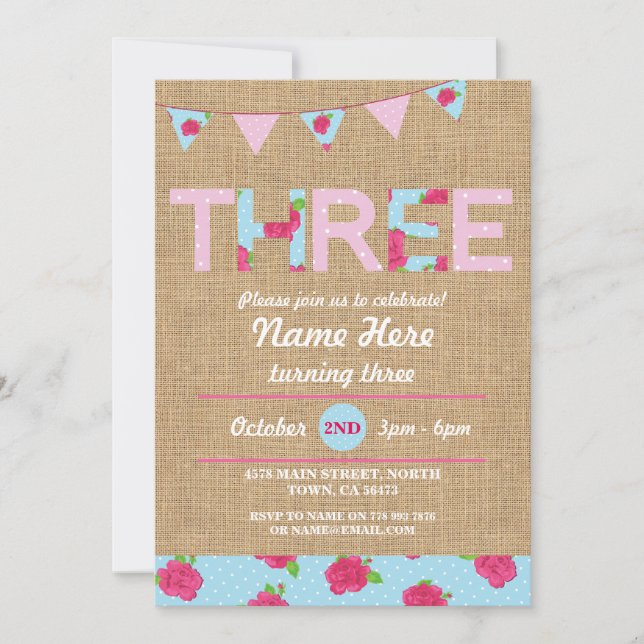 Convites O rosa de serapilheira 3 do tea party três do (Frente)