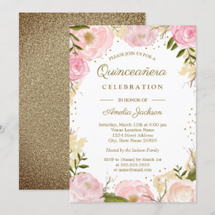 Convites O rosa Dourado cora aguarela floral Quinceanera