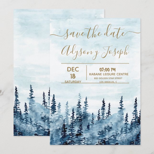Convites O Save The Date de Aquarela da Floresta Azul (Frente/Verso)