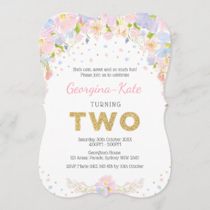 Convites O segundo aniversário floral Pastel convida o ouro
