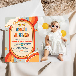 Convites O Seis é um Vibe Groovy Retro Rainbow 6º Aniversár