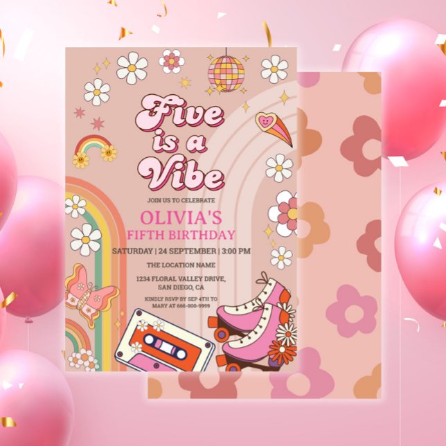 Convites O Skate 5 é um aniversário de vibe Groovy (Retro groovy 90s 5th birthday girl party invitation)