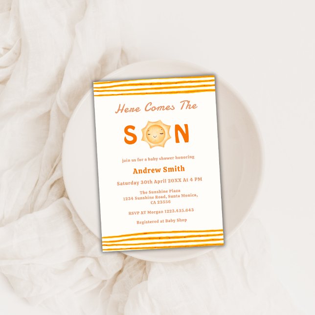Convites O Sol Bonito Vem Aqui O Chá de fraldas Filho (Cute Sunshine Here Comes The Son Baby Shower Invitation)