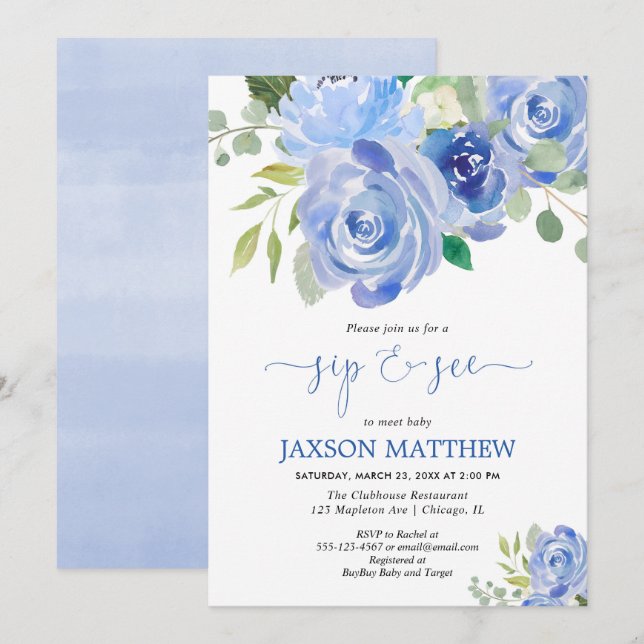 Convites O sorvo do bebé e vê aguarelas florais azuis (Frente/Verso)