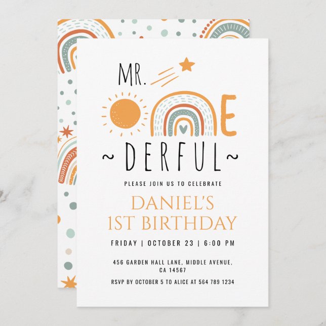 Convites O Sr. Onemagia Boho Rainbow Primeiro Aniversário (Frente/Verso)