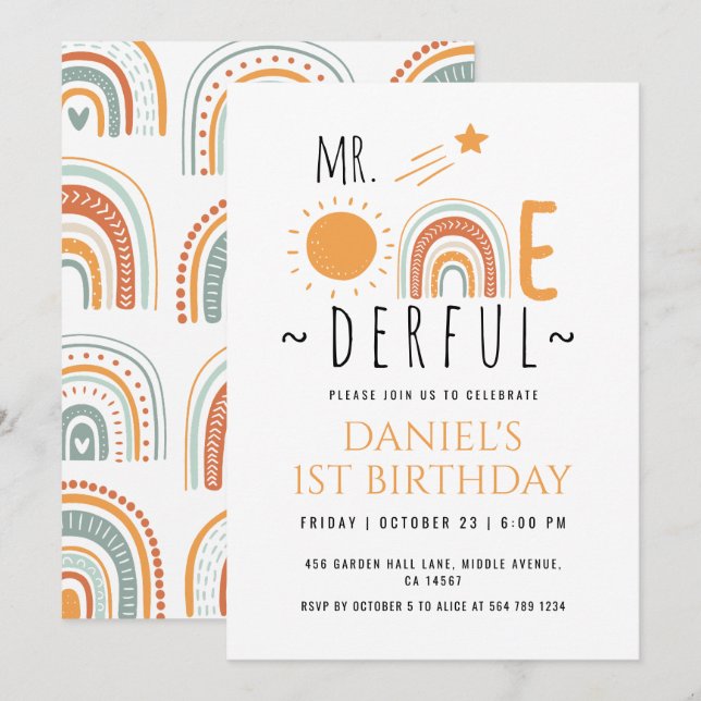 Convites O Sr. Onemagia Boho Rainbow Primeiro Aniversário (Frente/Verso)