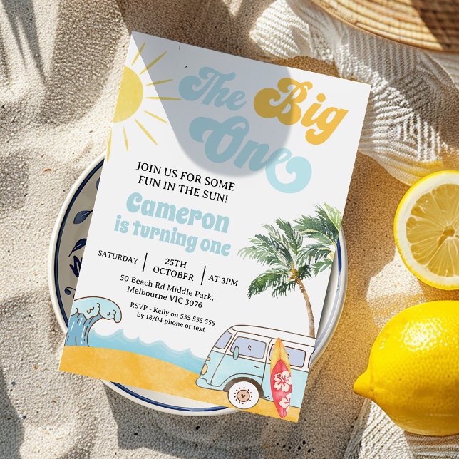 Convites O Surfista Azul De Carrinha Retro É O Grande prime (The Big One Invitation Template, Beach Surf The Big One 1st Birthday Invitation, 
Surf 1st Birthday )