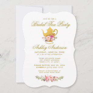 Convites O tea party floral Dourado cor-de-rosa do chá de