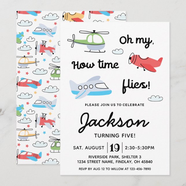 Convites O tempo voa Avião Helicóptero Aniversário Qualquer (Frente/Verso)