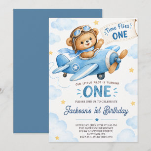 Convites O Tempo Voa Urso de Pelúcia Avião Azul Aniversário