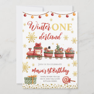 Convites O trem de natal de inverno Onederland Dourado Aniv