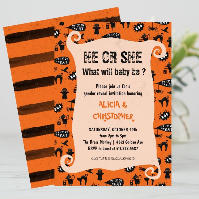 Convites O truque de Spooky e o gênero de Halloween revelam (Halloween-gender-reveal-Invitation-Spooky-trick-and-treat-1)