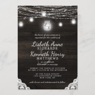 Convites Oak Ridge Rustic Wood Lace & Mason Jars Wedding