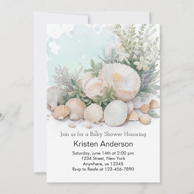 Convites Oásis de Seashell pelo Chá de fraldas do Oceano (Frente)