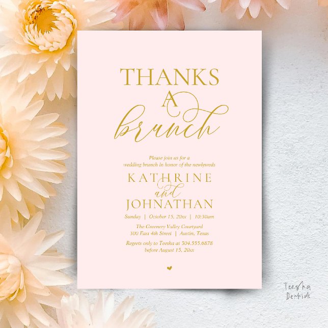 Convites Obrigado A Brunch, Casamento Moderno e Elegante (Thanks A Brunch, Modern Classy Wedding Invitation Card in Yellow Gold and Blush)