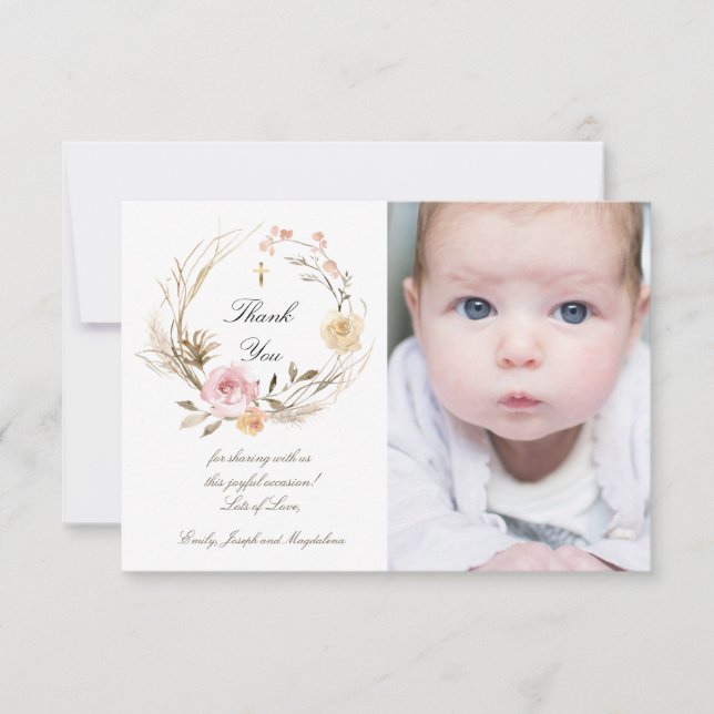 Convites Obrigado batismo você beigra flores rosa (Frente)